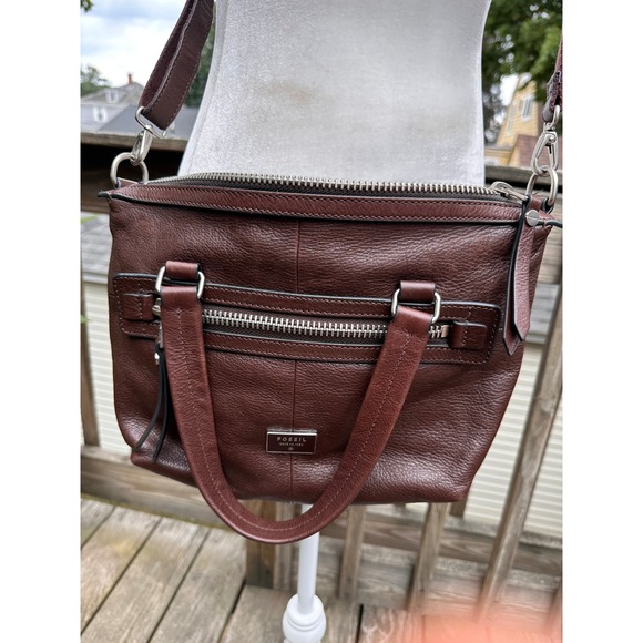 Fossil Handbags - Fossil Dawson Brown Pebbled Leather Satchel Crossbody Bag